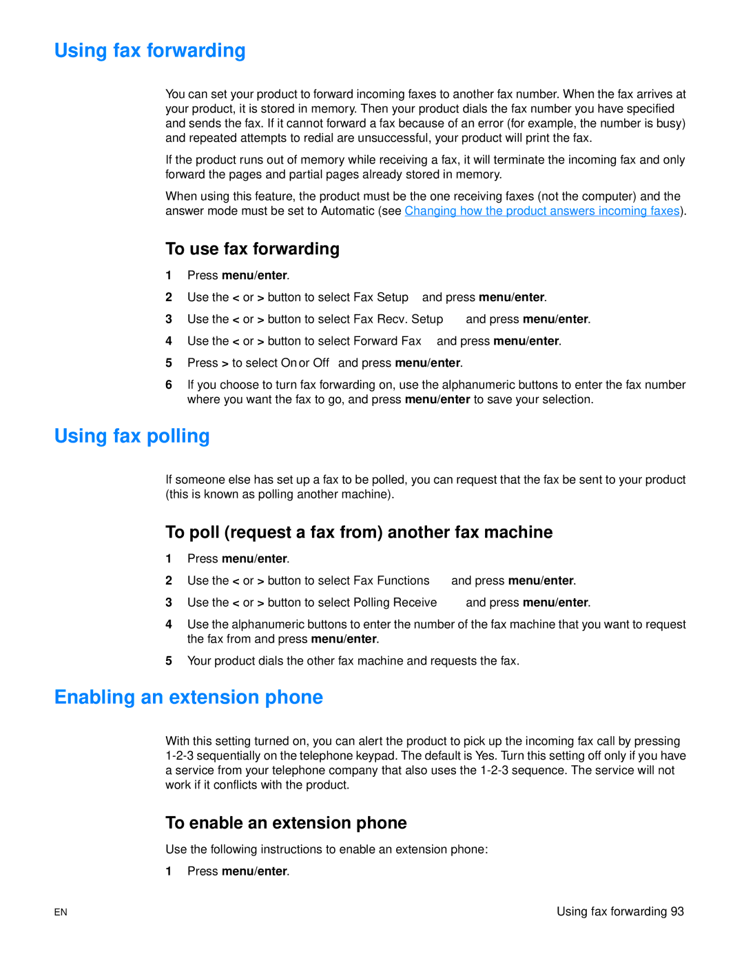 HP 3300mfp manual Using fax forwarding, Using fax polling, Enabling an extension phone 