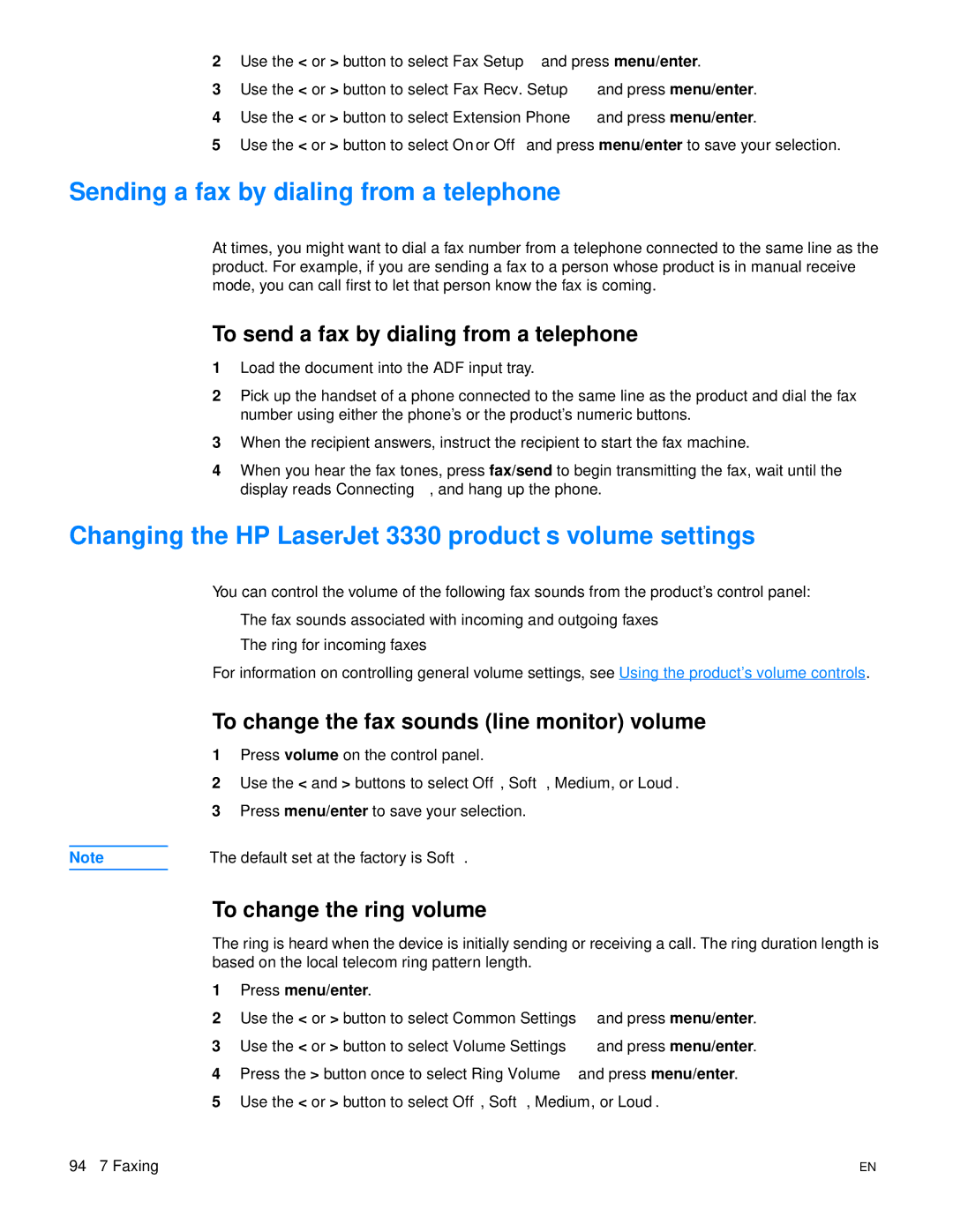 HP 3300mfp manual Sending a fax by dialing from a telephone, Changing the HP LaserJet 3330 product’s volume settings 