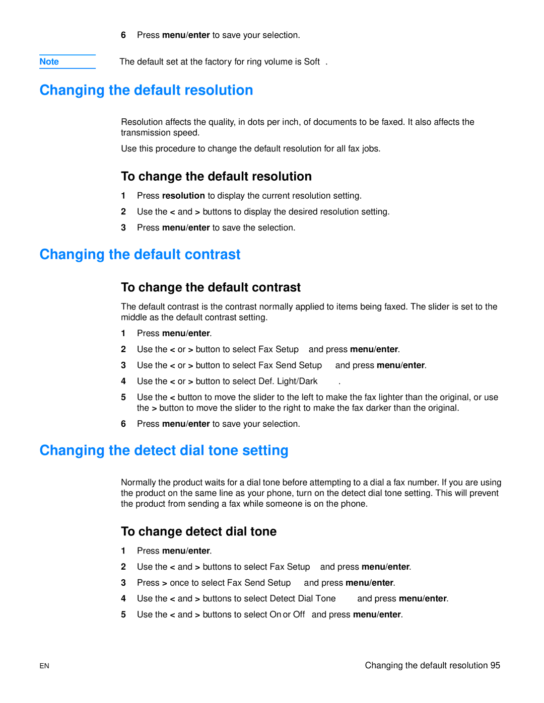 HP 3300mfp manual Changing the default resolution, Changing the default contrast, Changing the detect dial tone setting 