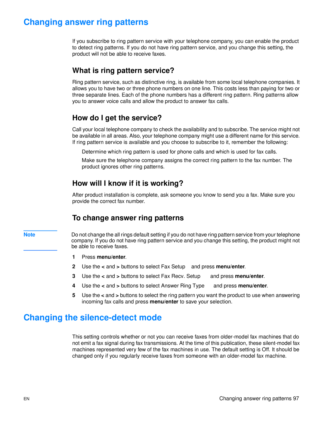 HP 3300mfp manual Changing answer ring patterns, Changing the silence-detect mode 