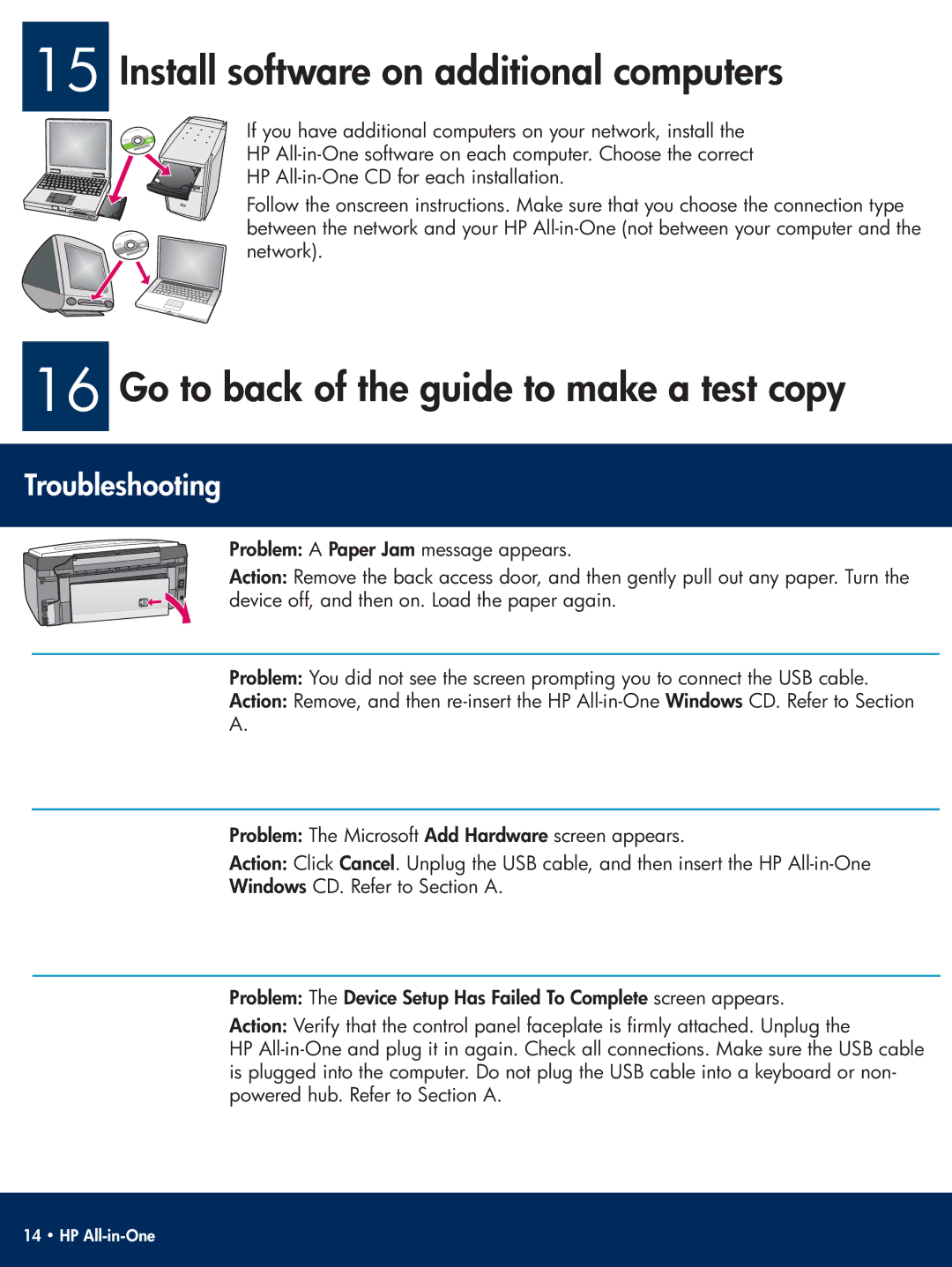 HP 3310xi manual Install software on additional computers, Go to back of the guide to make a test copy, Troubleshooting 