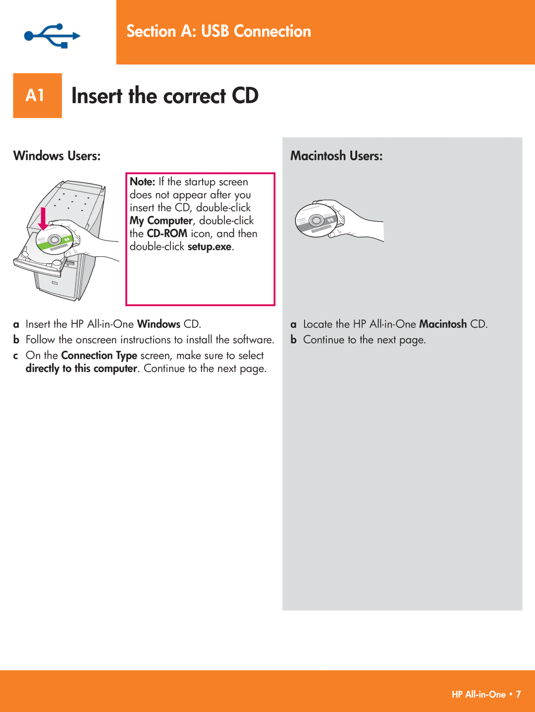 HP 3310xi manual A1 Insert the correct CD, Section a USB Connection 