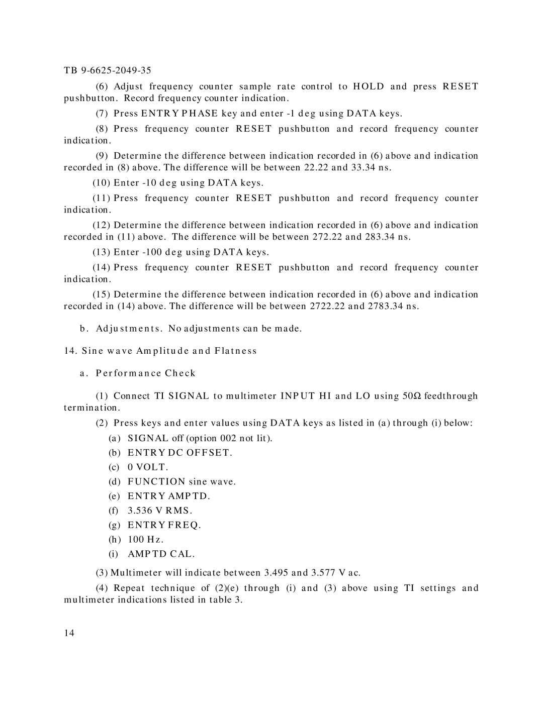 HP 3325B, 3325A manual Sine wave Amplitude and Flatness Performance Check, Entry DC Offset Volt 