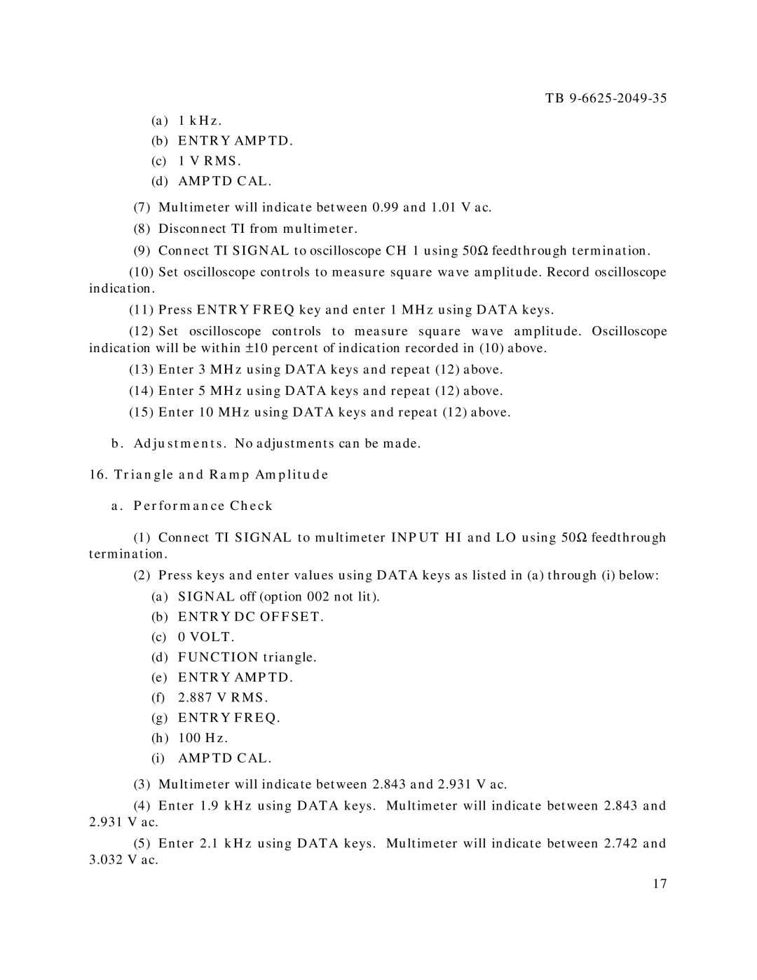 HP 3325A, 3325B manual KHz Entry Amptd RMS Amptd CAL, Triangle and Ramp Amplitude Performance Check 