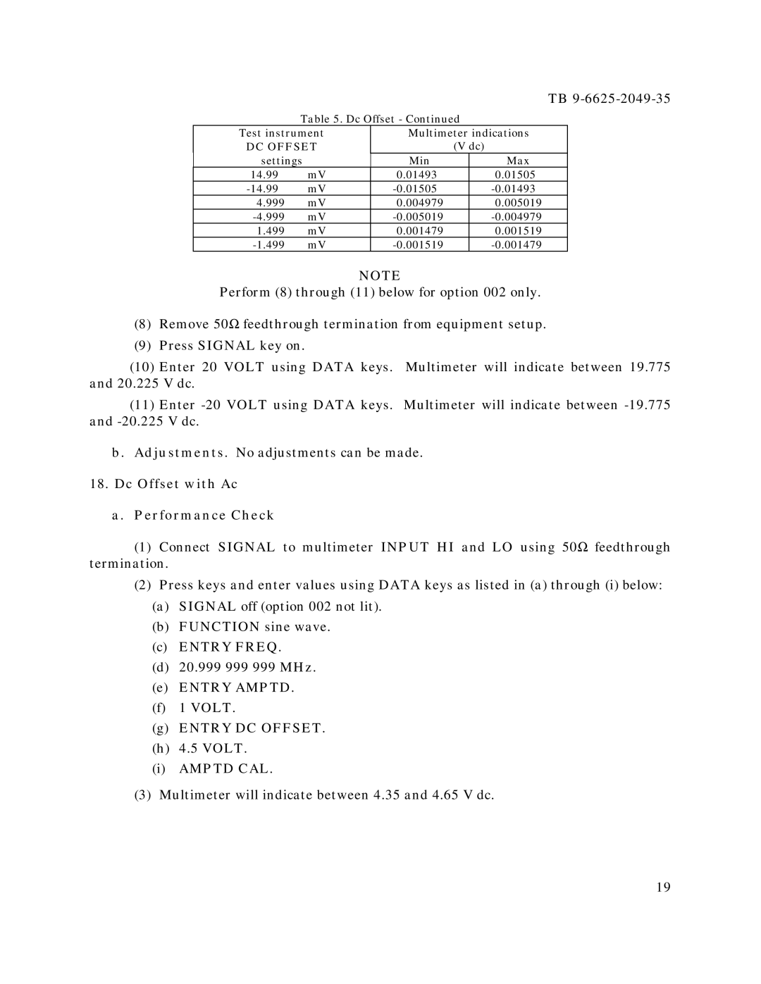 HP 3325A, 3325B manual Dc Offset with Ac Performance Check 