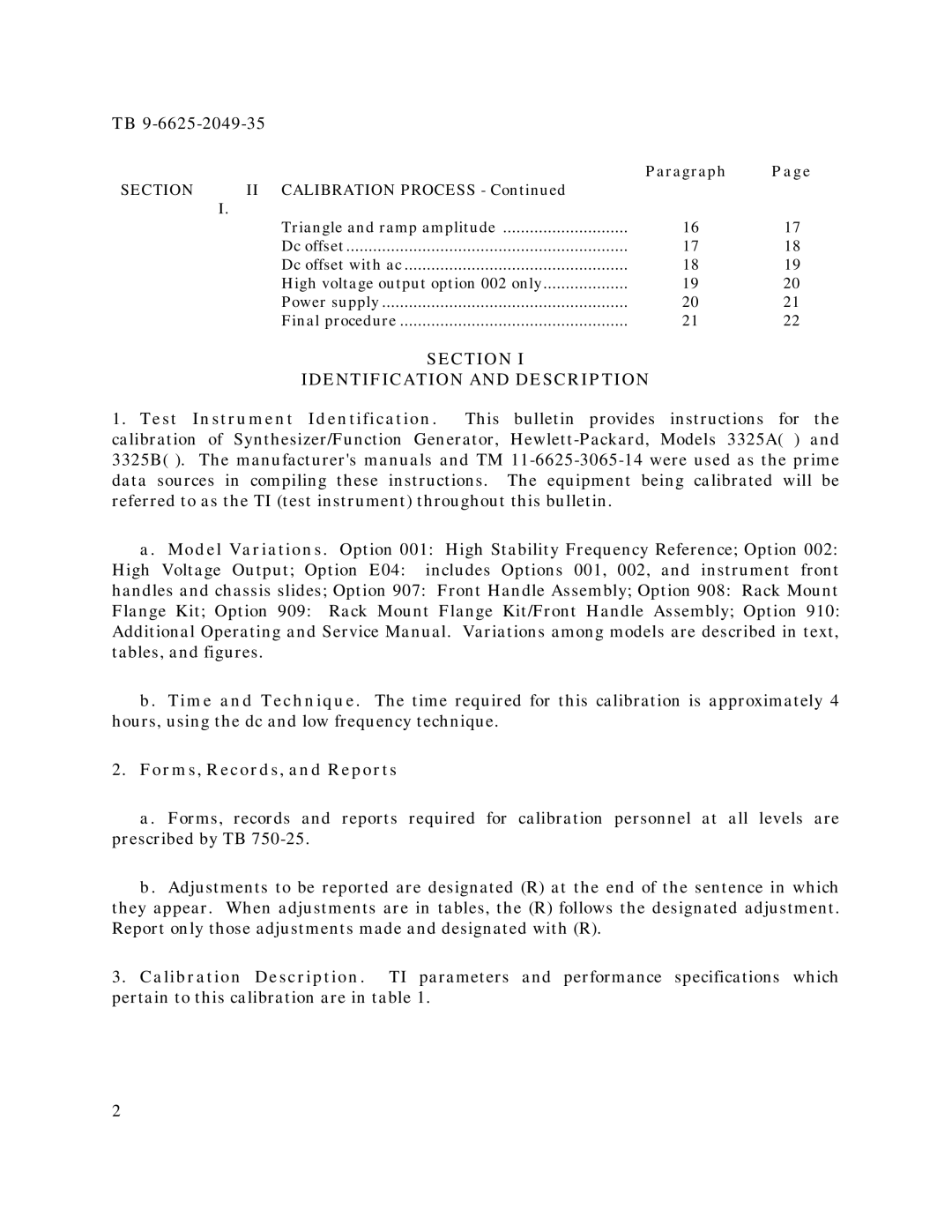 HP 3325B, 3325A manual Section Identification and Description, Forms, Records, and Reports 