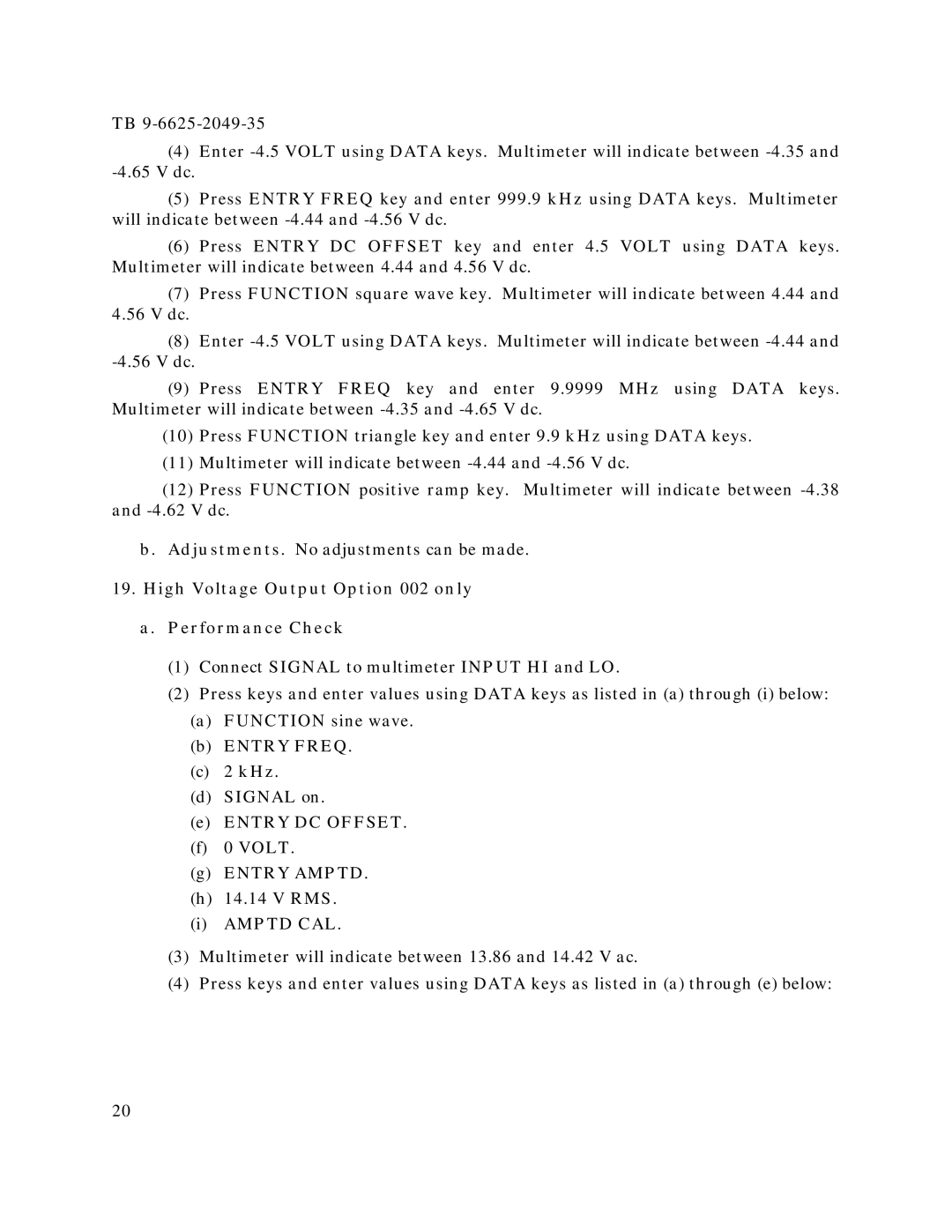 HP 3325B, 3325A manual High Voltage Output Option 002 only Performance Check 