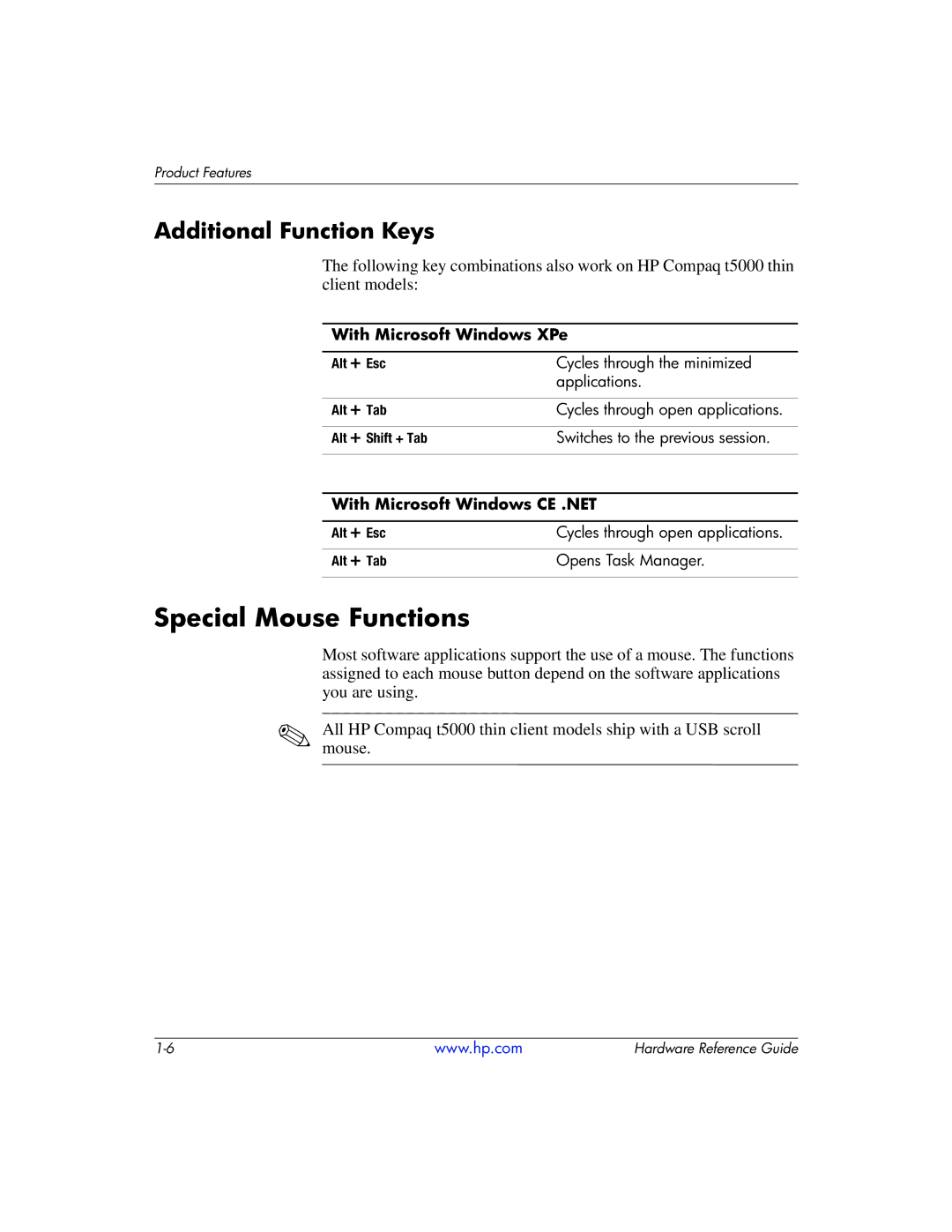 HP 334457003 manual Special Mouse Functions, Additional Function Keys 