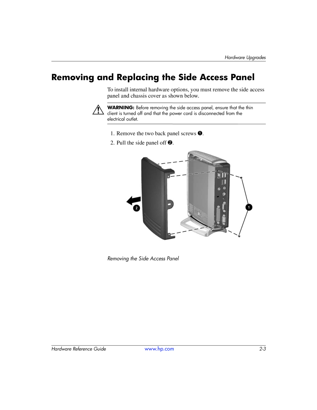 HP 334457003 manual Removing and Replacing the Side Access Panel 