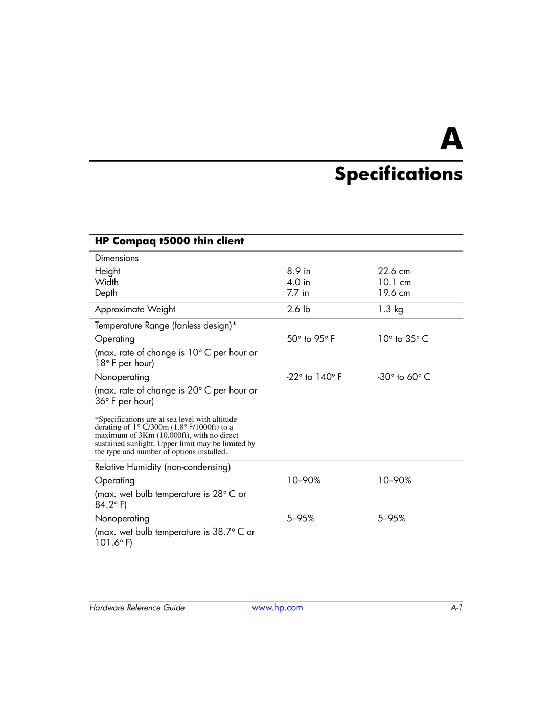 HP 334457003 manual Specifications, HP Compaq t5000 thin client 