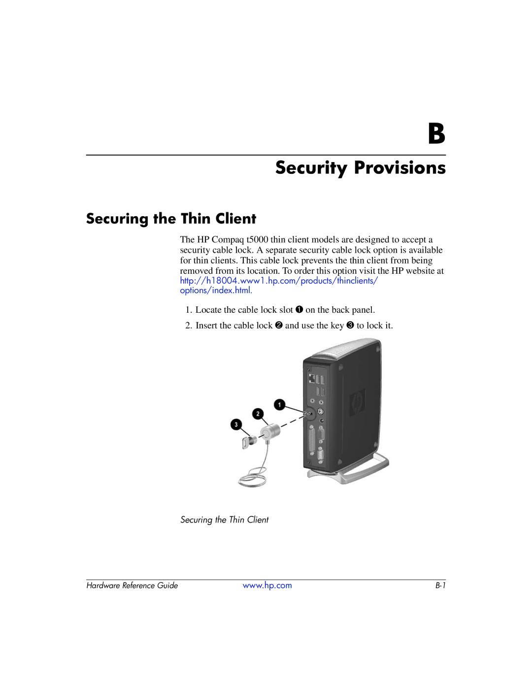 HP 334457003 manual Security Provisions, Securing the Thin Client 