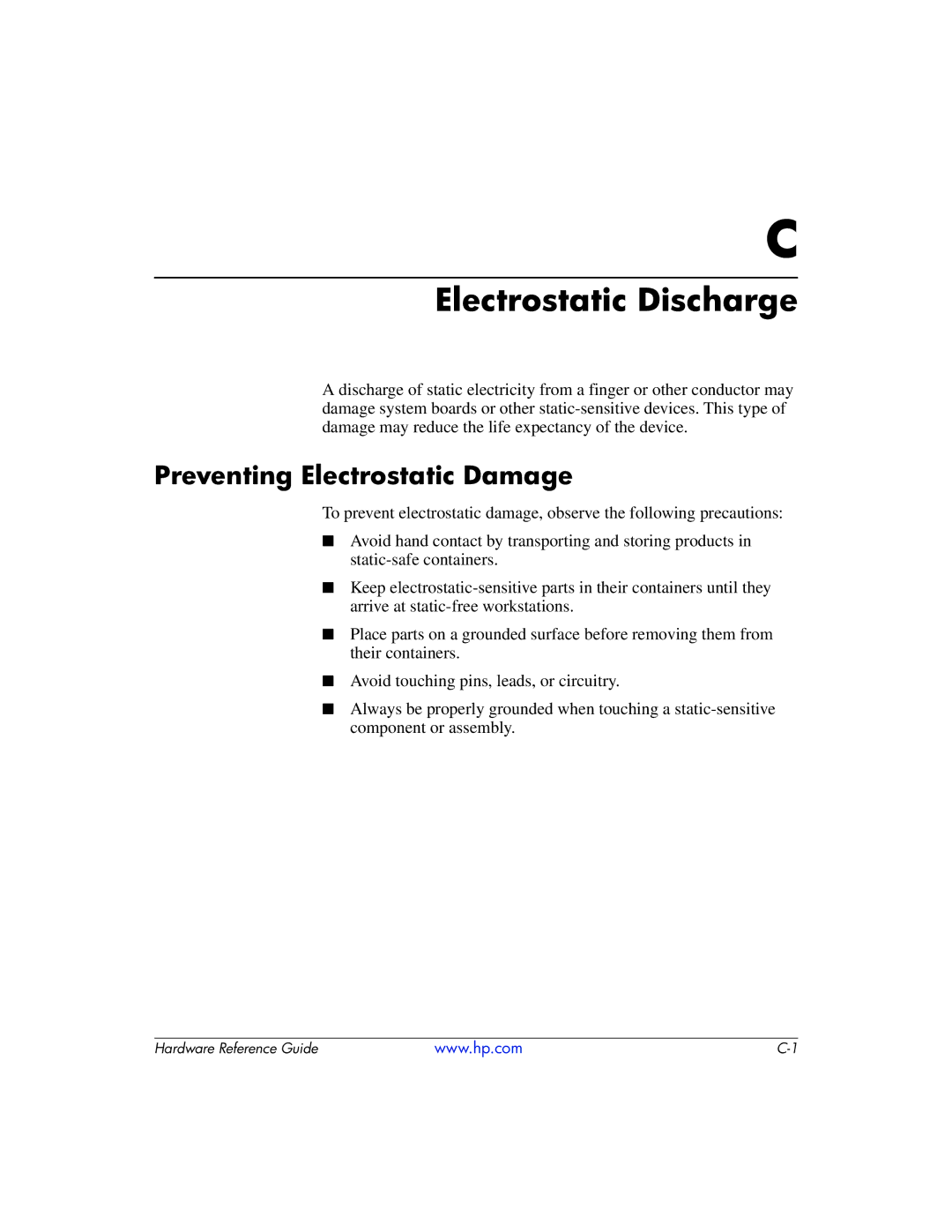 HP 334457003 manual Electrostatic Discharge, Preventing Electrostatic Damage 