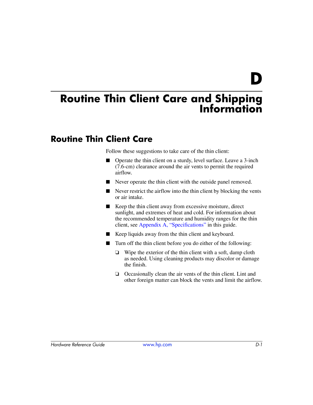 HP 334457003 manual Routine Thin Client Care and Shipping Information 