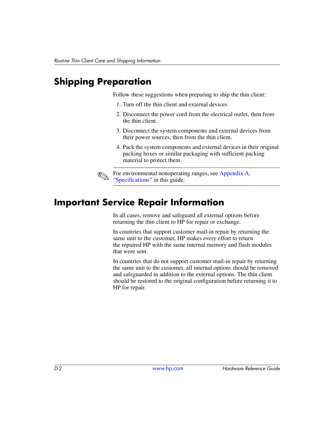 HP 334457003 manual Shipping Preparation, Important Service Repair Information 