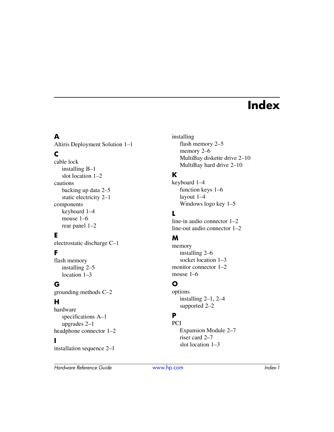 HP 334457003 manual Index, Pci 