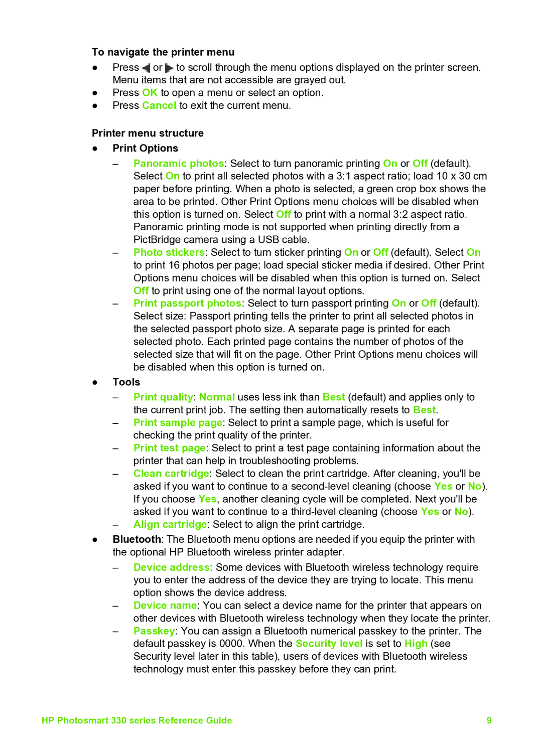 HP 335 Q6377A manual To navigate the printer menu, Printer menu structure Print Options, Tools 