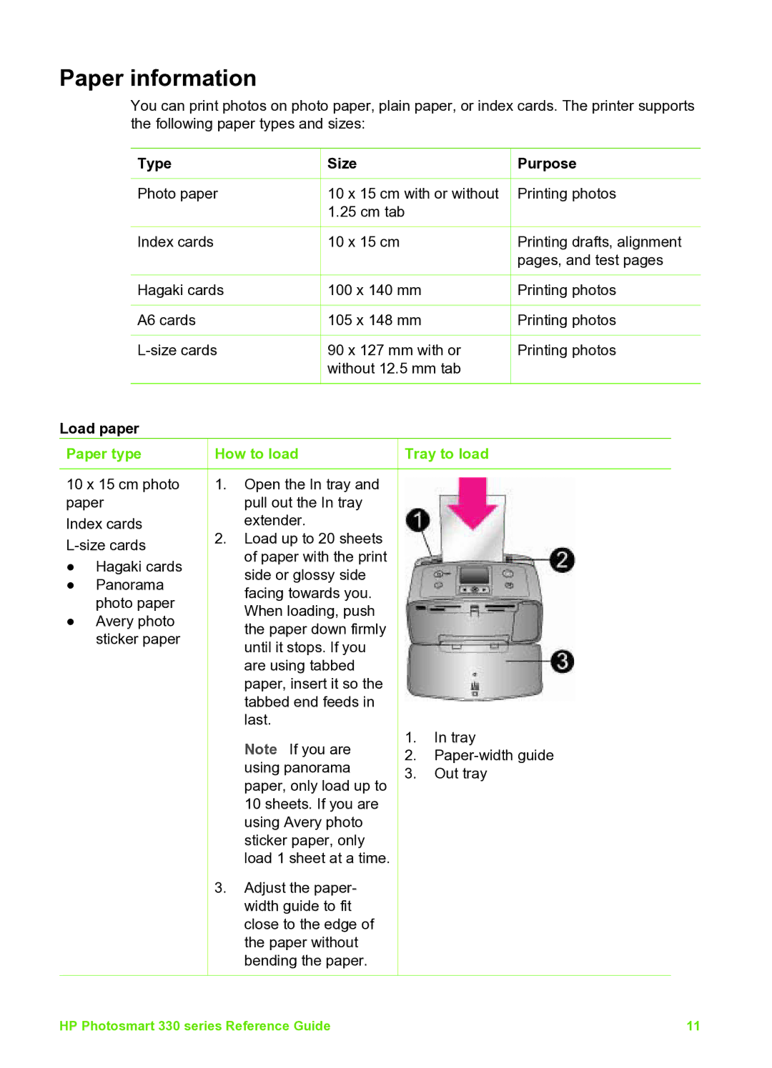 HP 335 Q6377A manual Paper information, Type Size Purpose, Load paper, Paper type How to load Tray to load 