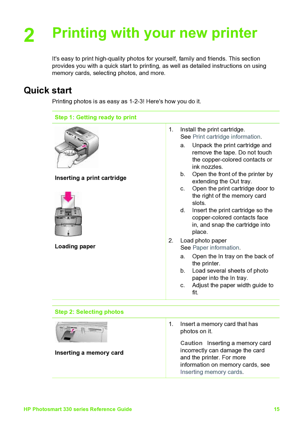 HP 335 Q6377A manual Printing with your new printer, Quick start, Getting ready to print, Selecting photos 