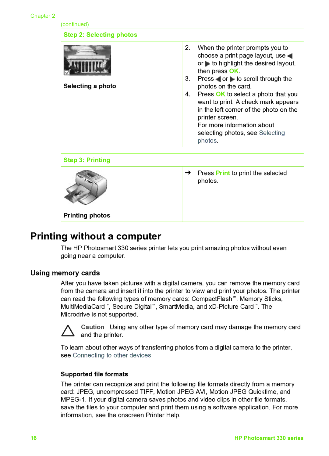 HP 335 Q6377A manual Printing without a computer, Printing photos, Supported file formats 