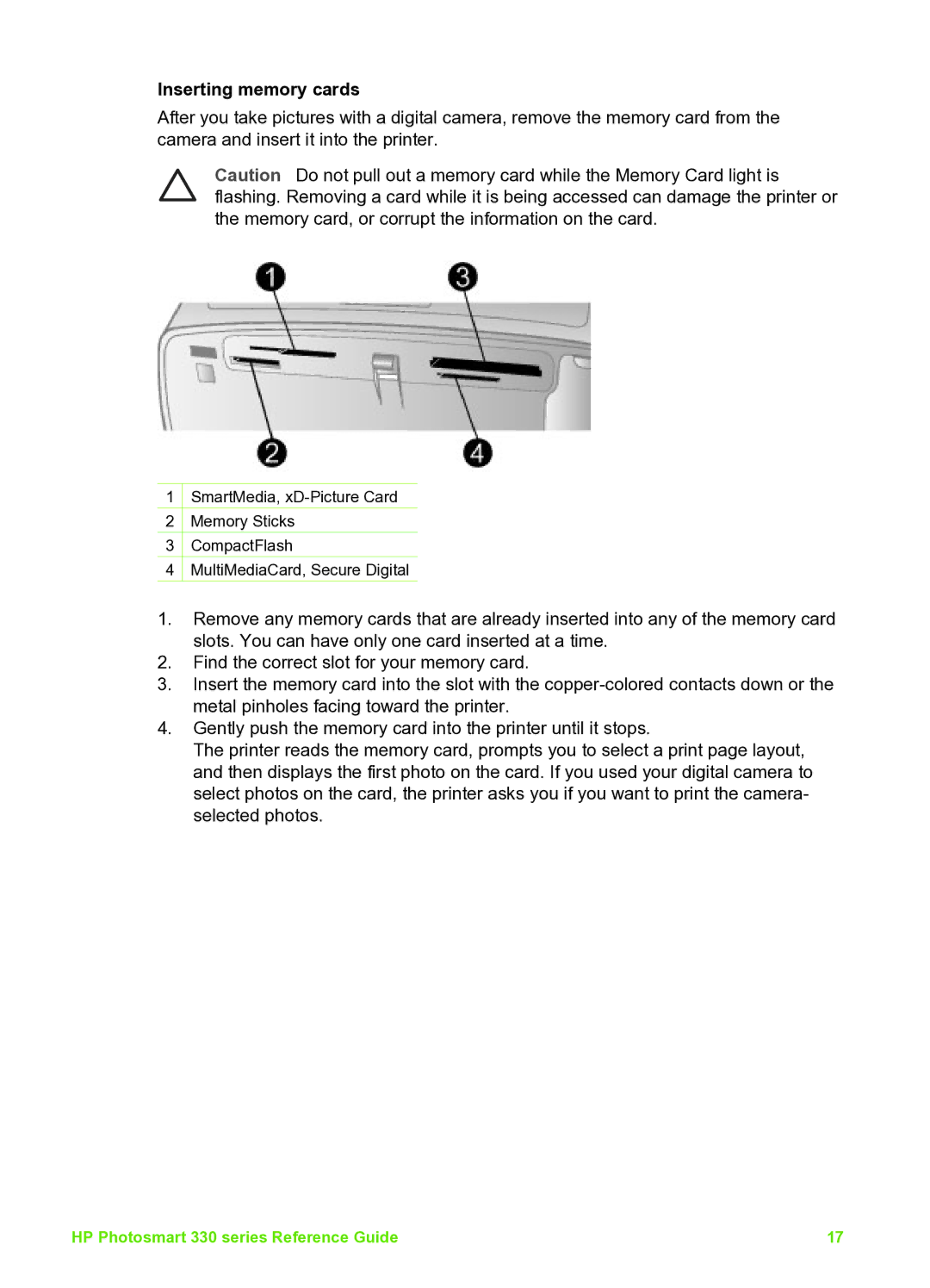 HP 335 Q6377A manual Inserting memory cards 