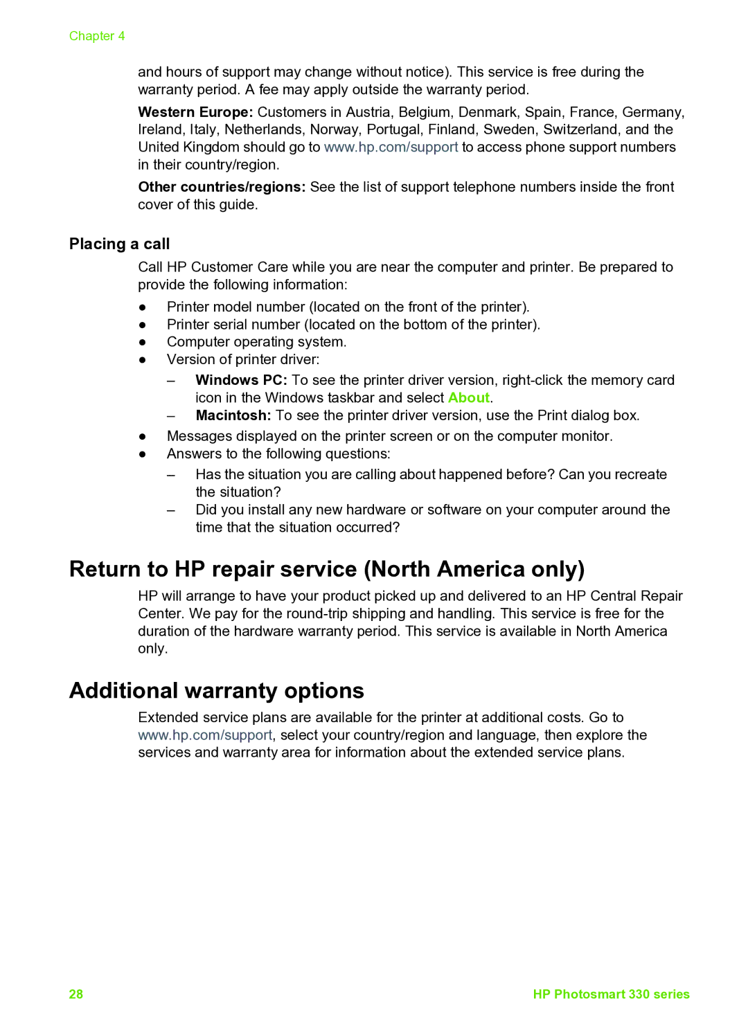 HP 335 Q6377A manual Return to HP repair service North America only, Additional warranty options 