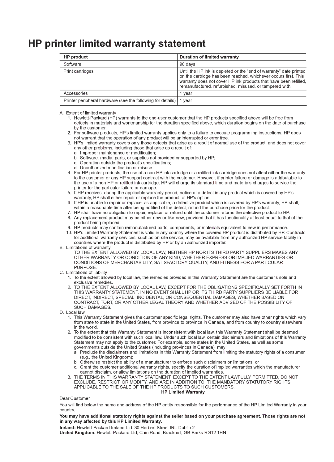 HP 335 Q6377A manual HP printer limited warranty statement, HP product Duration of limited warranty 