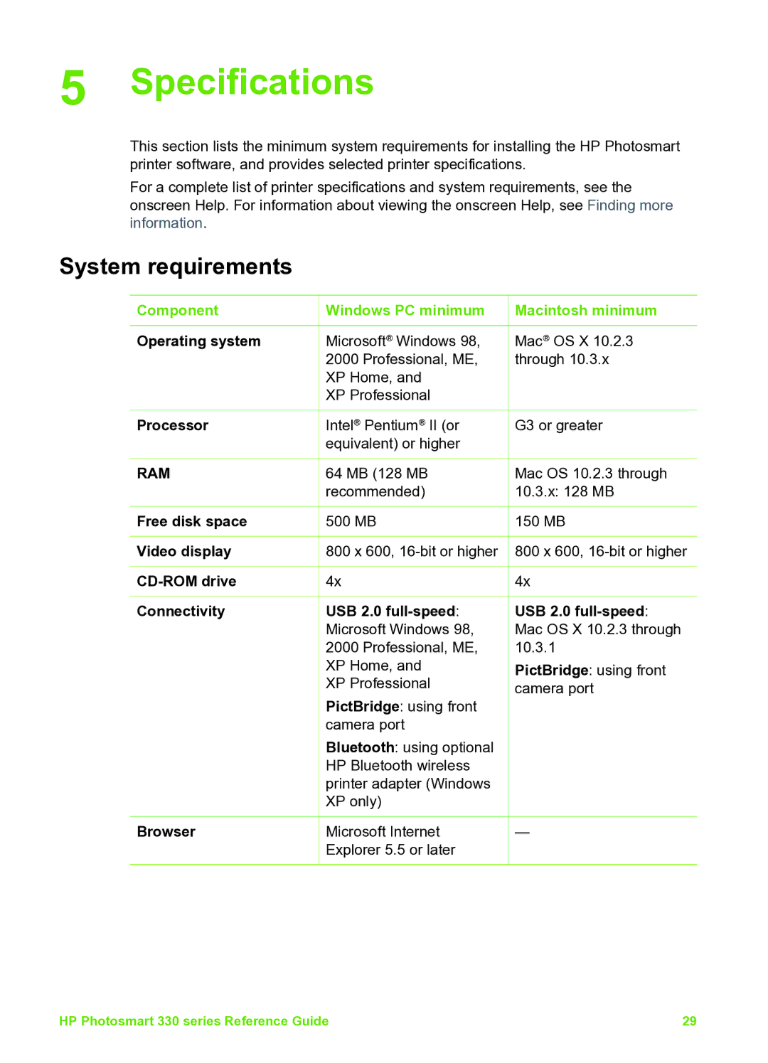 HP 335 Q6377A manual Specifications, System requirements, Component Windows PC minimum Macintosh minimum 