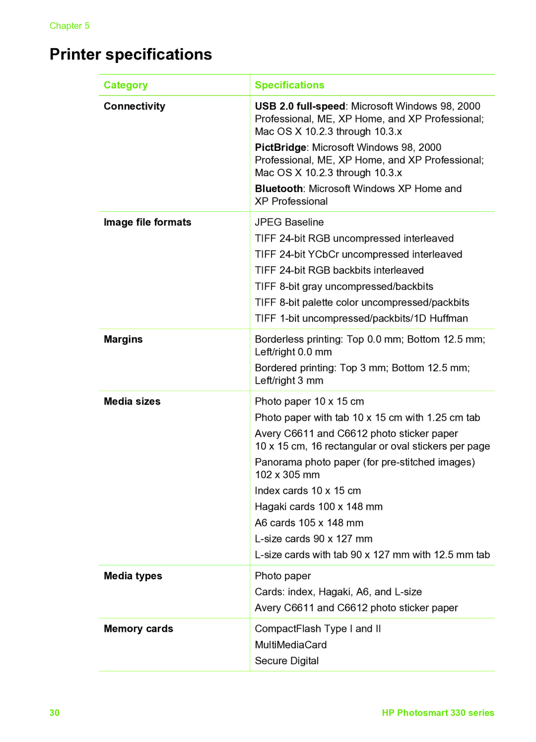 HP 335 Q6377A manual Printer specifications, Category Specifications 