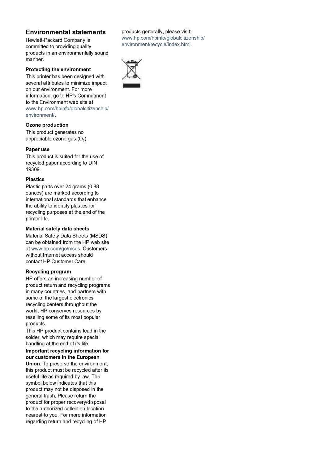 HP 335 Q6377A manual Environmental statements, Plastics 