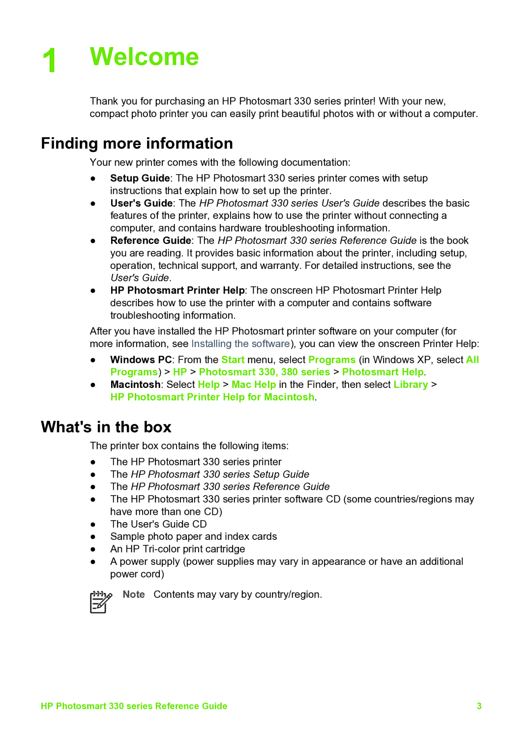 HP 335 Q6377A manual Welcome, Finding more information, Whats in the box 