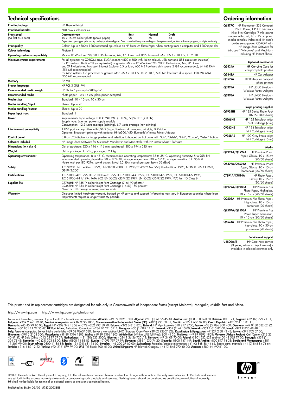 HP 335 manual Technical specifications, Ordering information, HP PCL 3 GUI, PML 