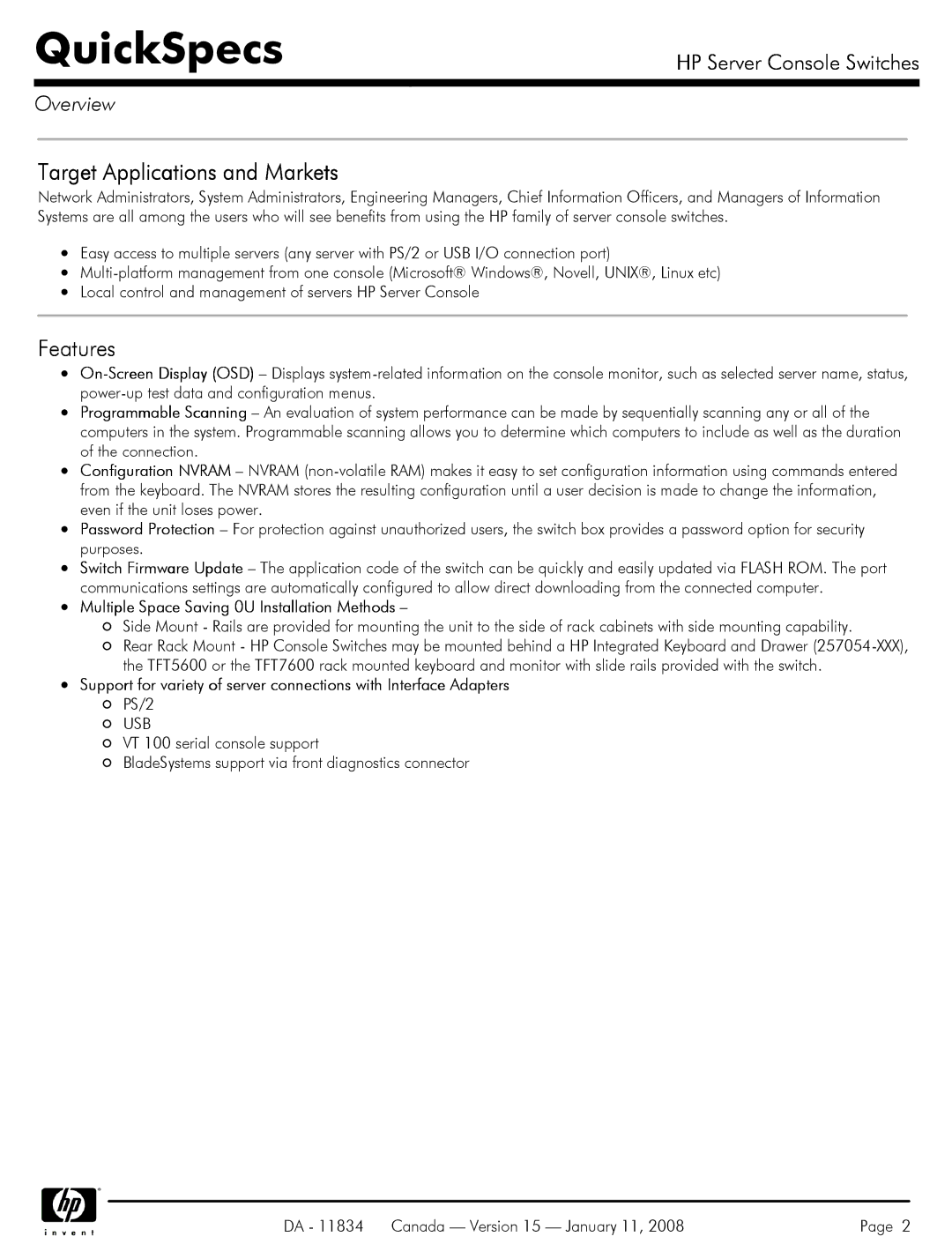 HP 336044-B21 manual Target Applications and Markets, Features, Multiple Space Saving 0U Installation Methods 