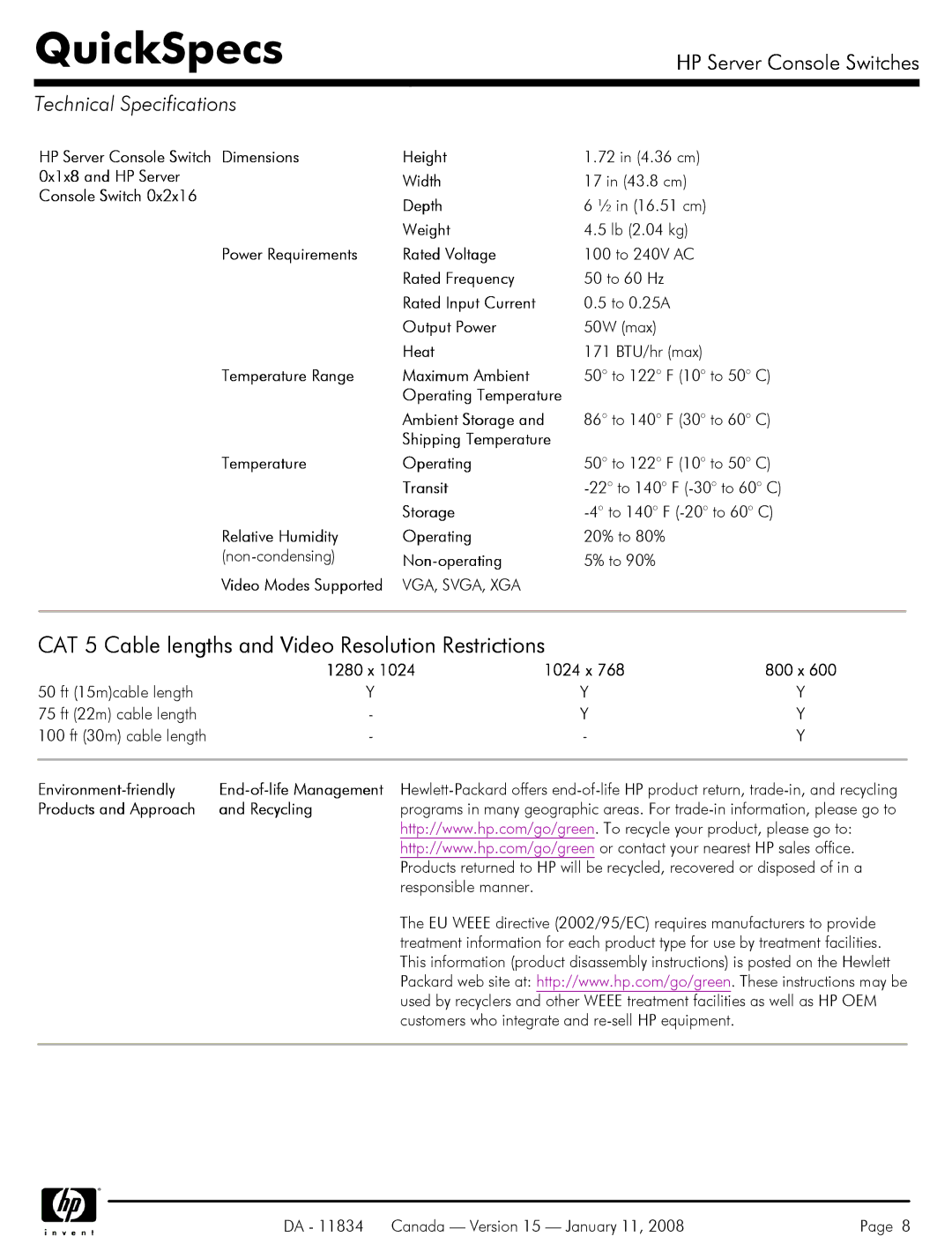 HP 336044-B21 manual CAT 5 Cable lengths and Video Resolution Restrictions, Technical Specifications, 1280 x 1024 x 800 x 