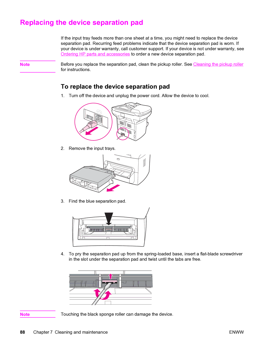 HP 3380 manual Replacing the device separation pad, To replace the device separation pad 