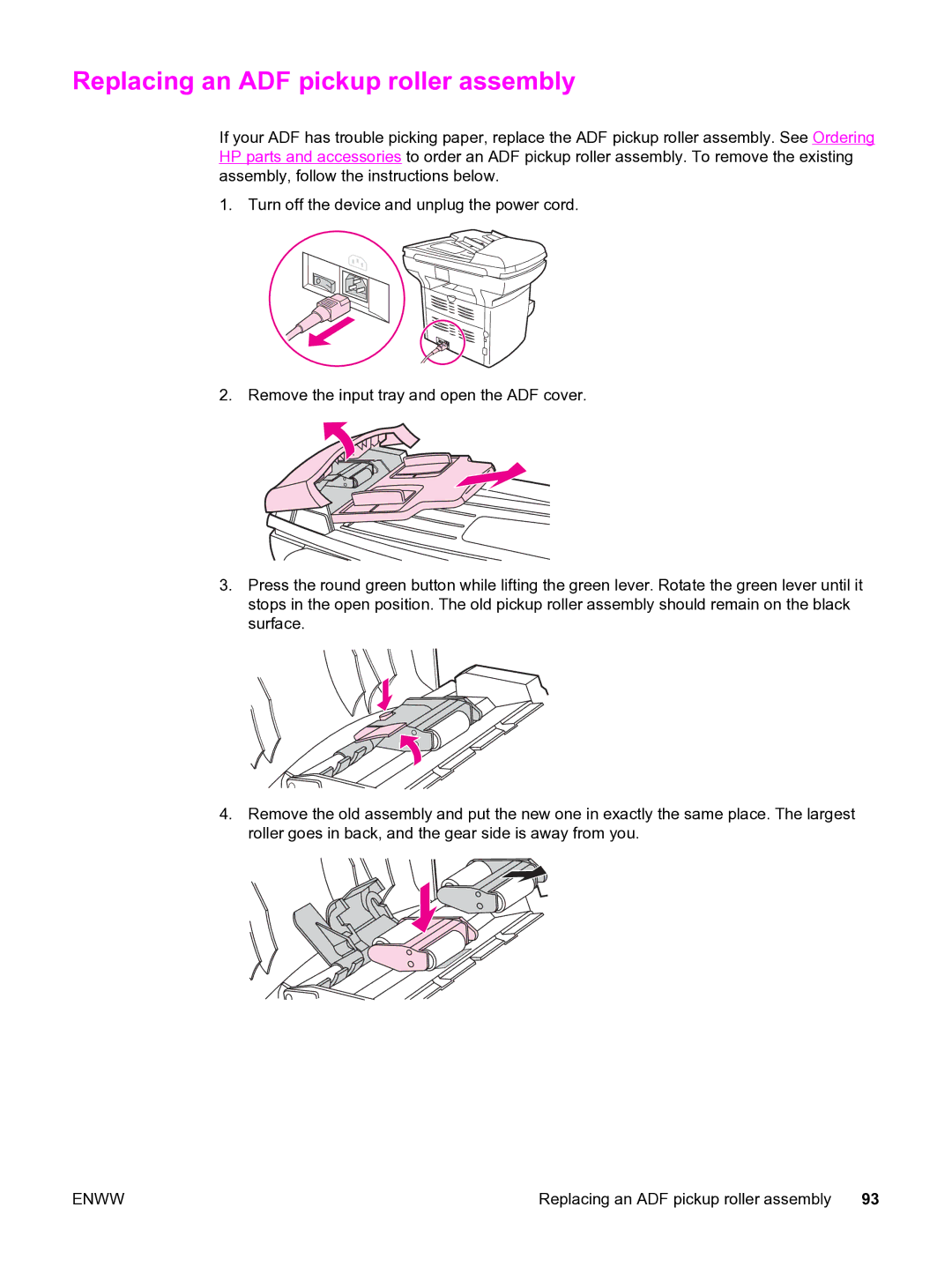 HP 3380 manual Replacing an ADF pickup roller assembly 