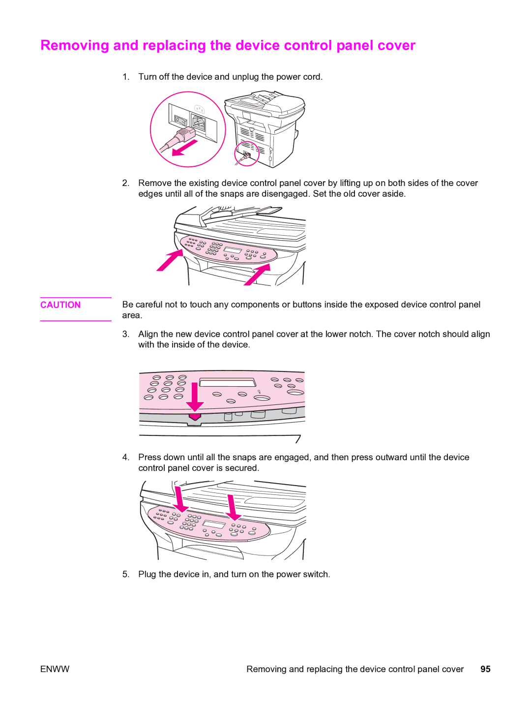 HP 3380 manual Removing and replacing the device control panel cover 