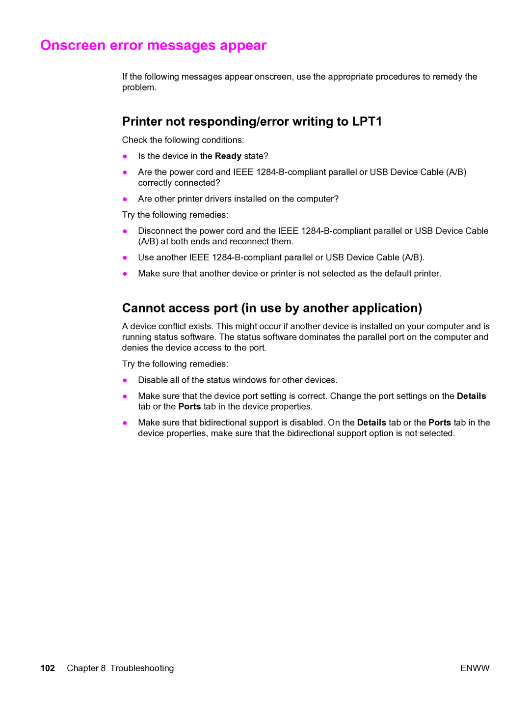 HP 3380 manual Onscreen error messages appear, Printer not responding/error writing to LPT1 