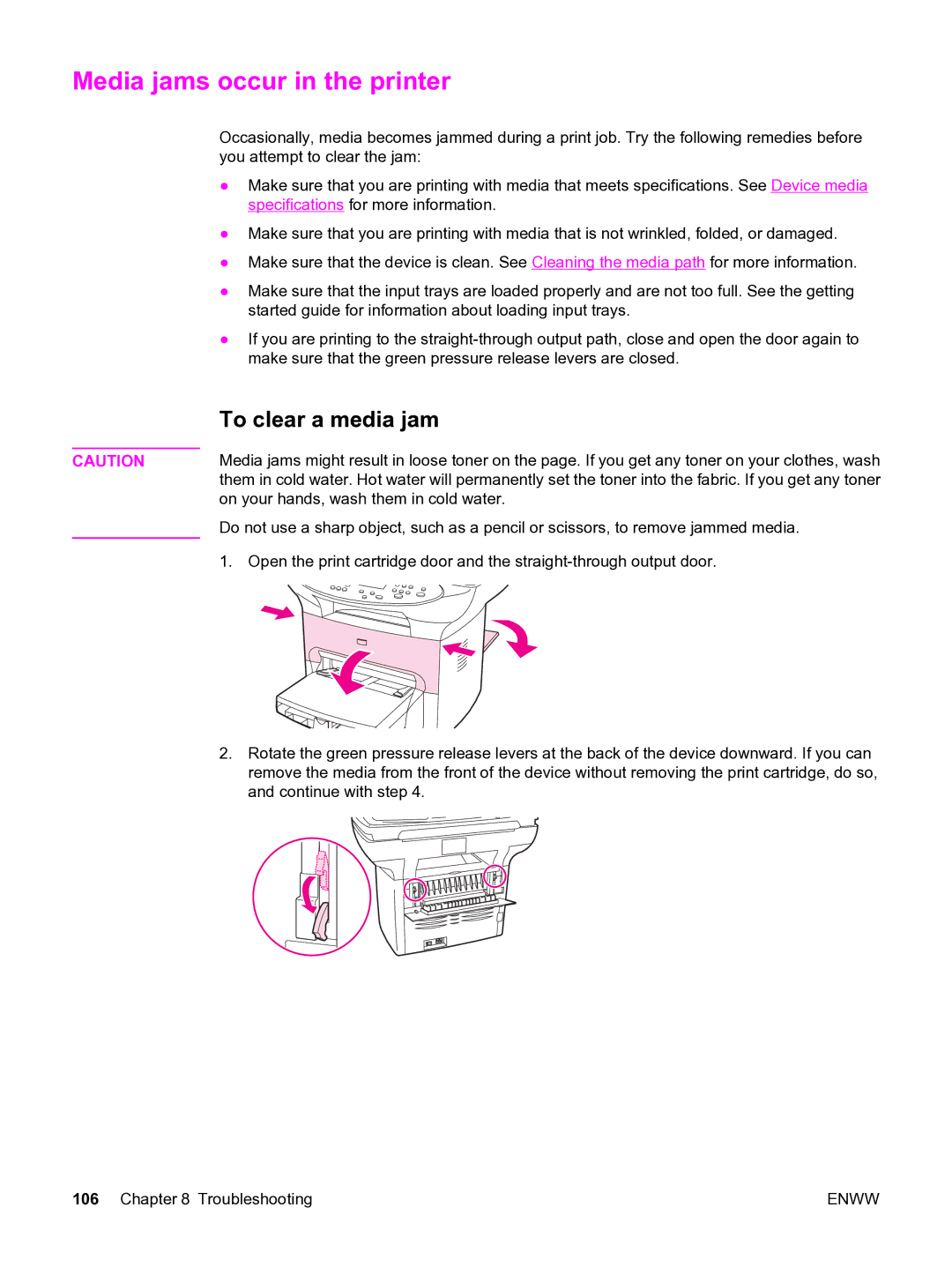 HP 3380 manual Media jams occur in the printer, To clear a media jam 