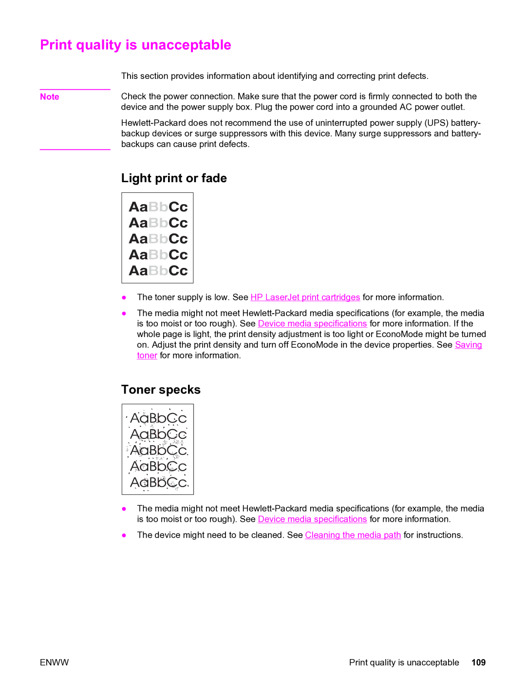 HP 3380 manual Print quality is unacceptable, Light print or fade, Toner specks 