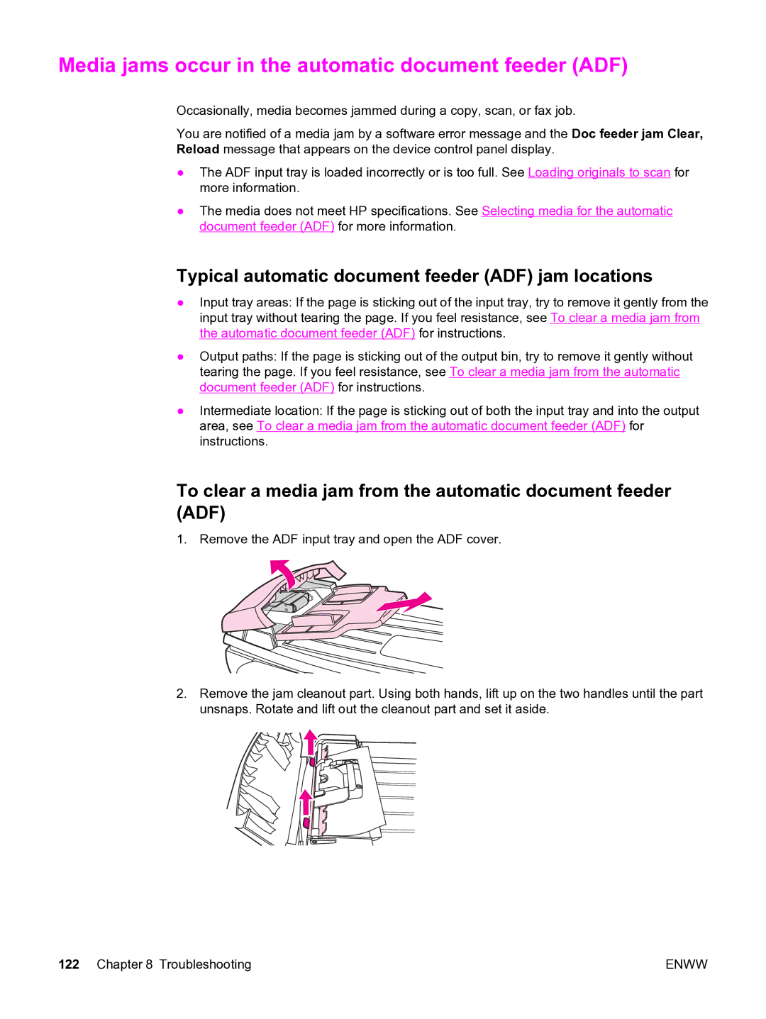 HP 3380 manual Media jams occur in the automatic document feeder ADF, Typical automatic document feeder ADF jam locations 