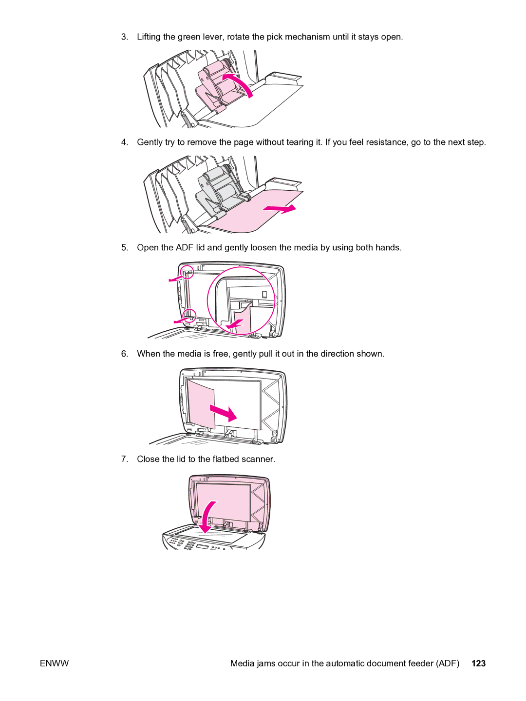 HP 3380 manual Media jams occur in the automatic document feeder ADF 