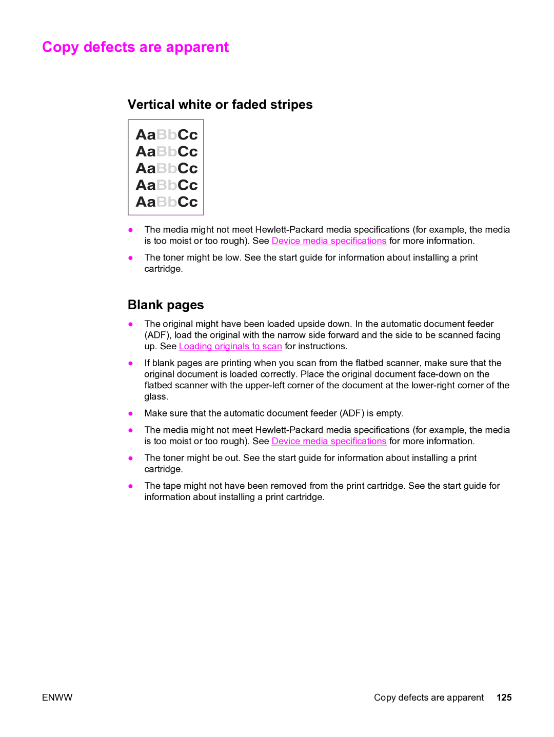 HP 3380 manual Copy defects are apparent, Vertical white or faded stripes, Blank pages 