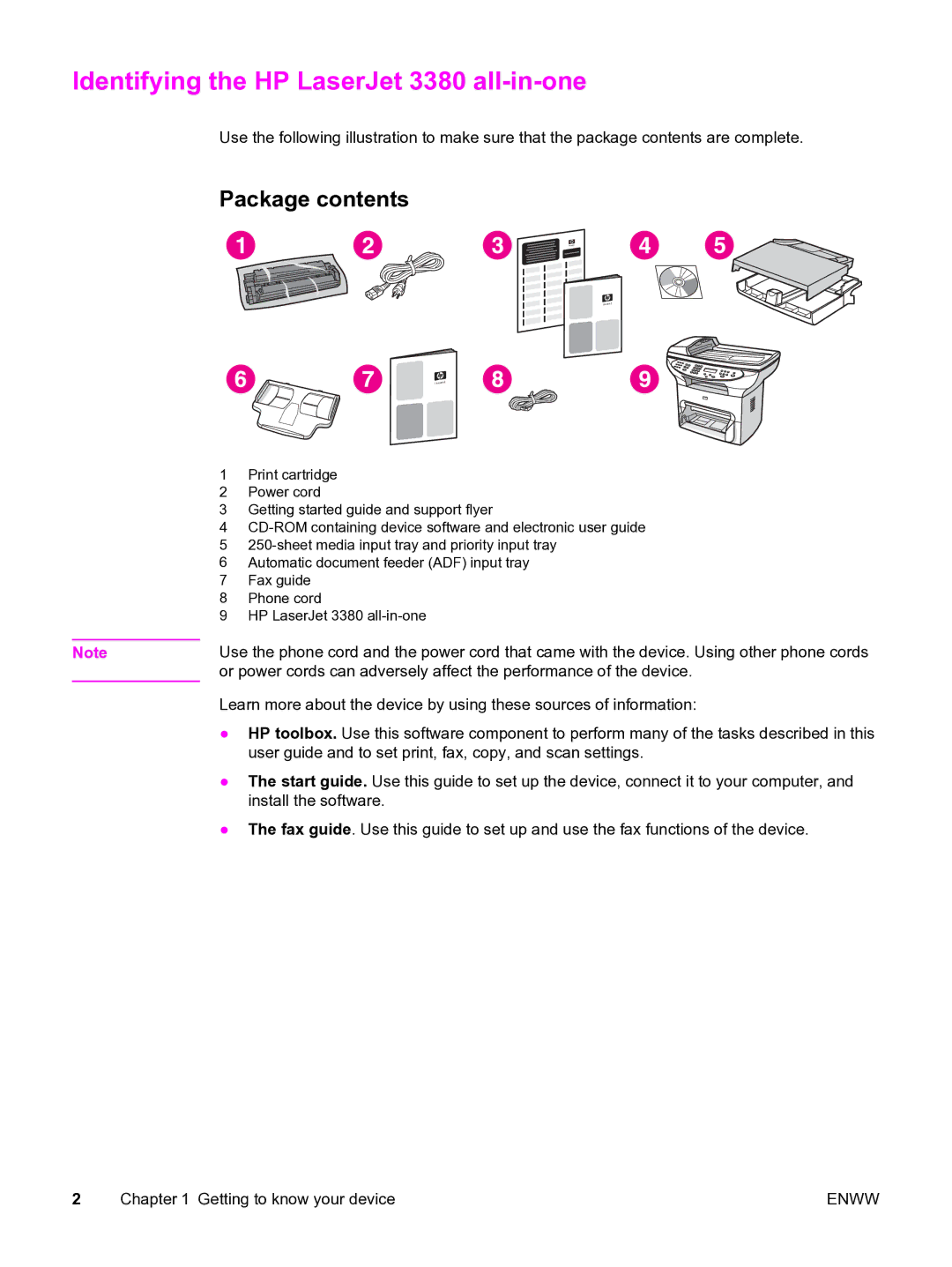 HP manual Identifying the HP LaserJet 3380 all-in-one, Package contents 