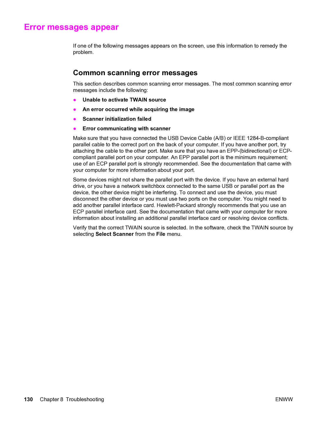 HP 3380 manual Error messages appear, Common scanning error messages 