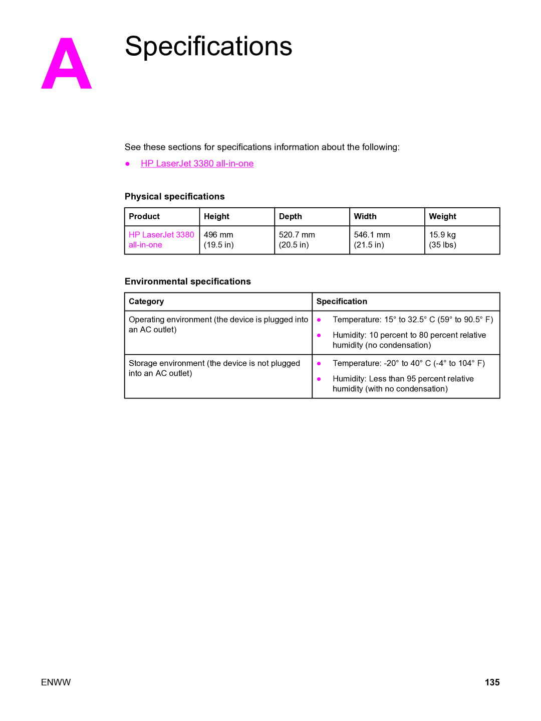 HP 3380 manual Specifications, Physical specifications 