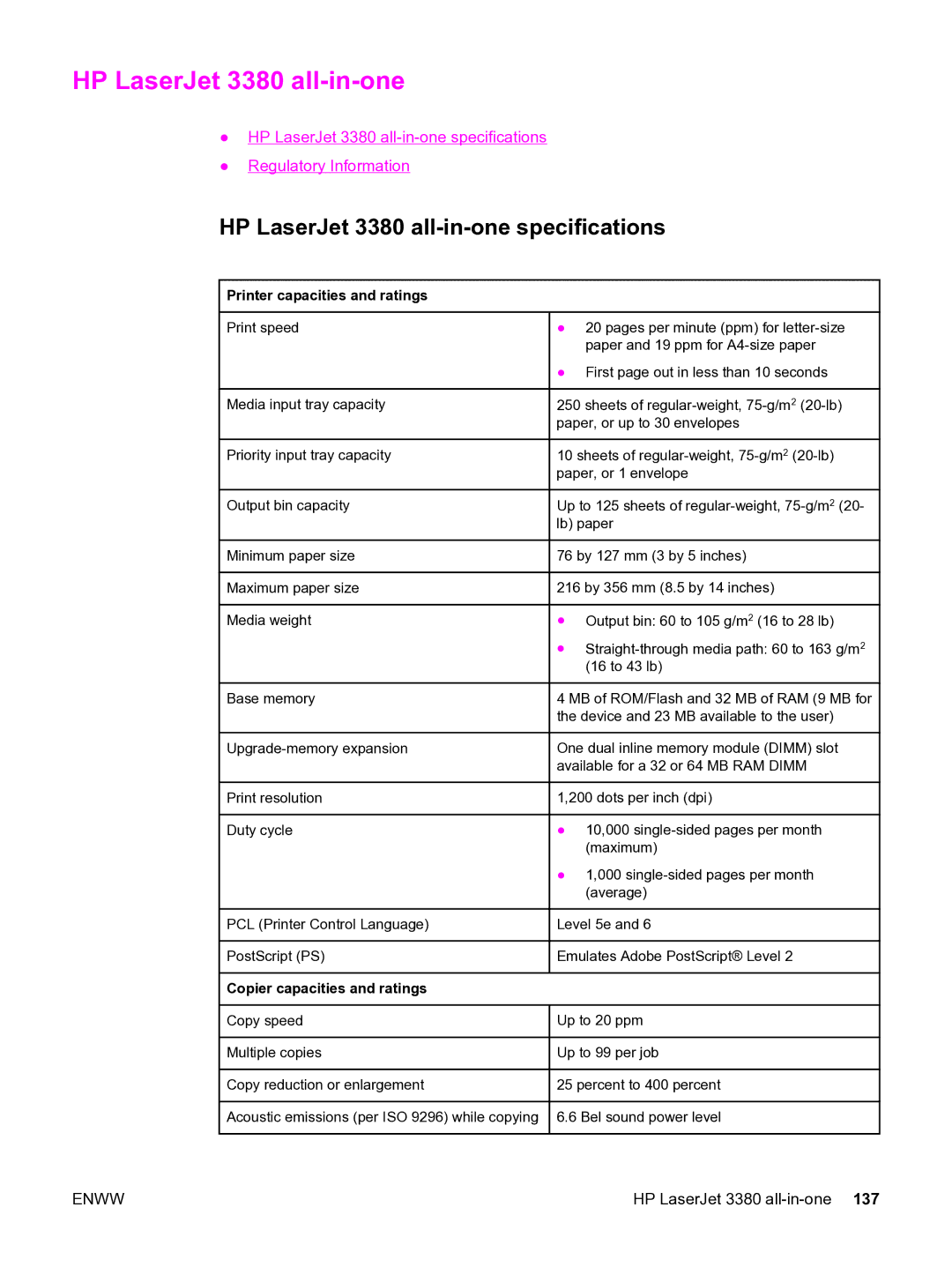 HP manual HP LaserJet 3380 all-in-one specifications 