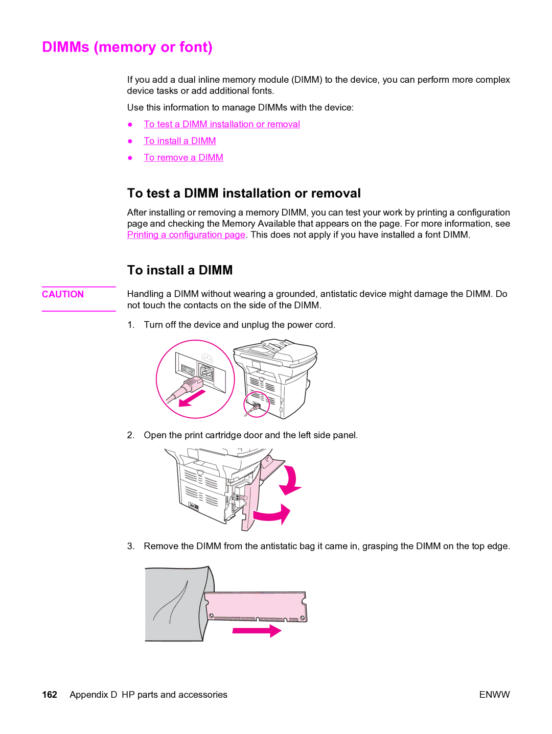 HP 3380 manual DIMMs memory or font, To test a Dimm installation or removal, To install a Dimm 