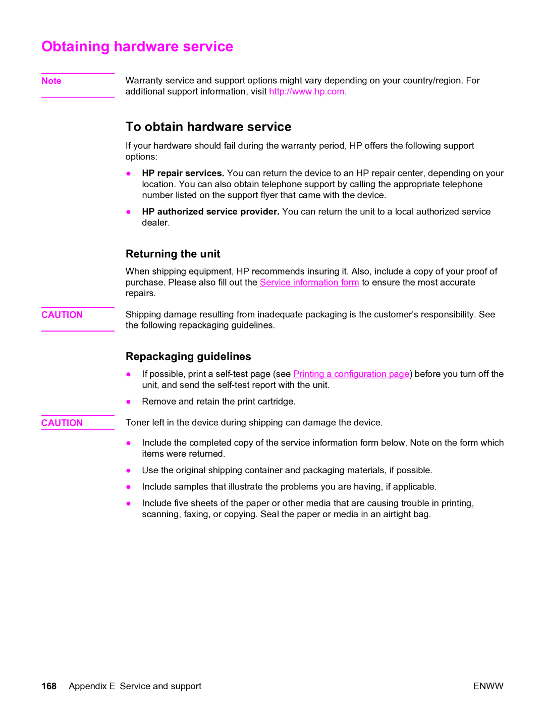 HP 3380 manual Obtaining hardware service, To obtain hardware service, Returning the unit, Repackaging guidelines 