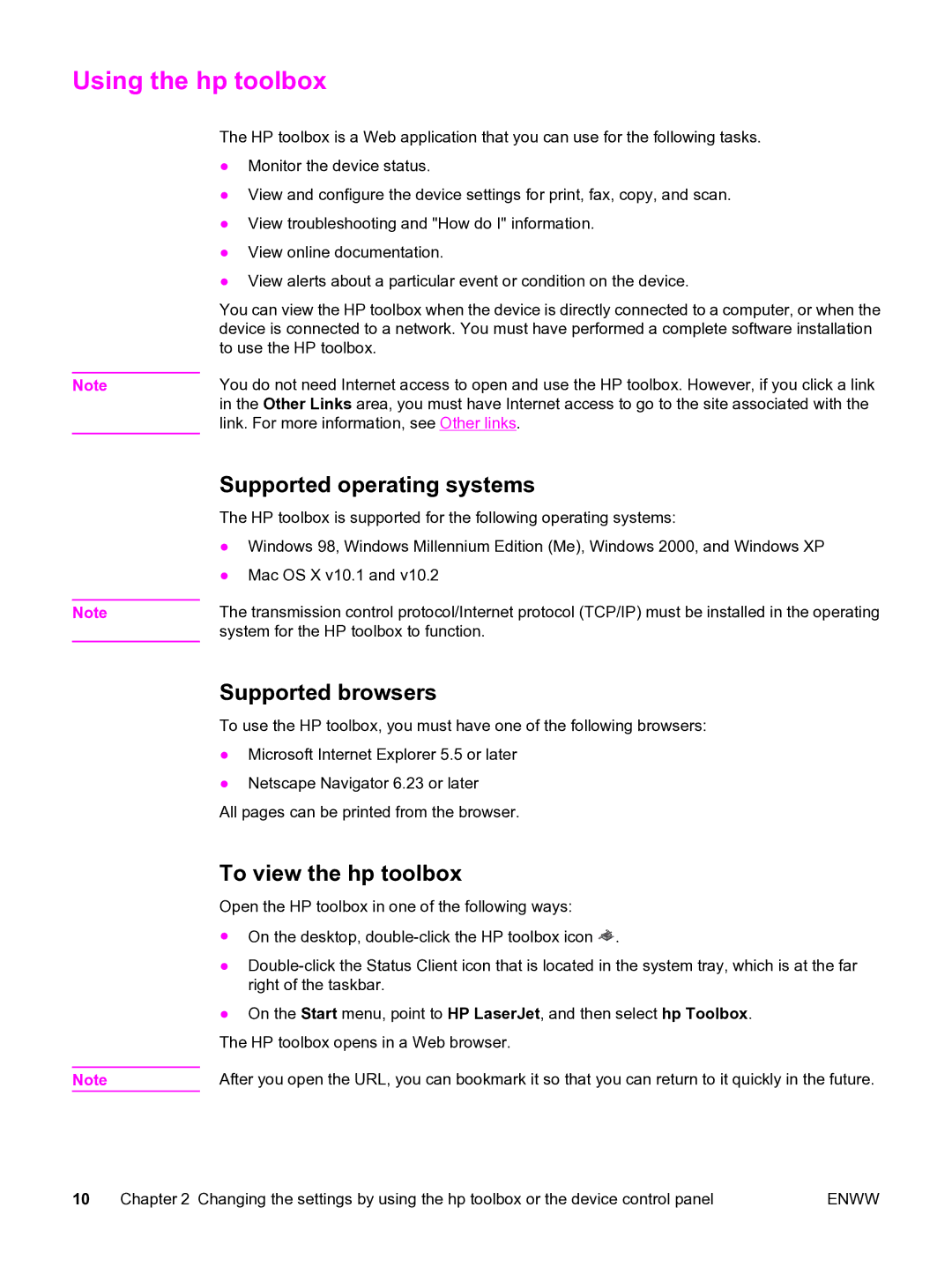 HP 3380 manual Using the hp toolbox, Supported operating systems, Supported browsers, To view the hp toolbox 