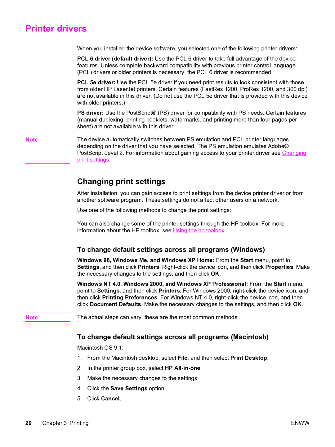 HP 3380 manual Printer drivers, Changing print settings, To change default settings across all programs Windows 